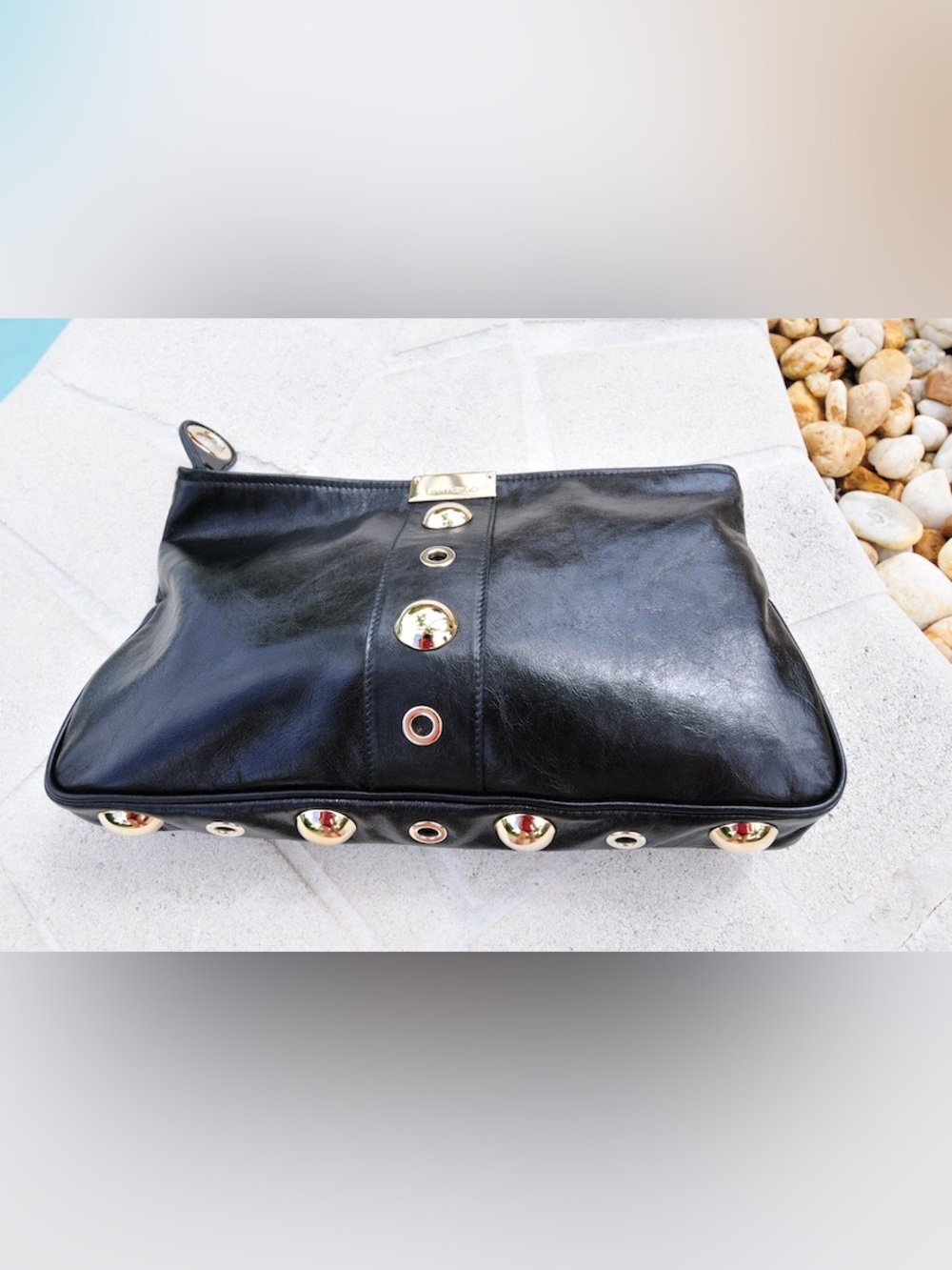Jimmy Choo Black Leather Clutch with Gold Stud Accents